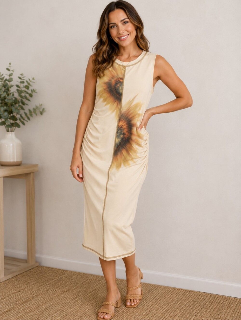 A-123 Desigual Sunflower Print Ruched Midi Dress Size L Sleeveless Cream